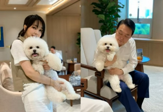 윤석열 대통령과 김건희 여사는 28일 용산 대통령집무실에서 반려견과 시간을 보내고 있다. '건희사랑' SNS 캡처