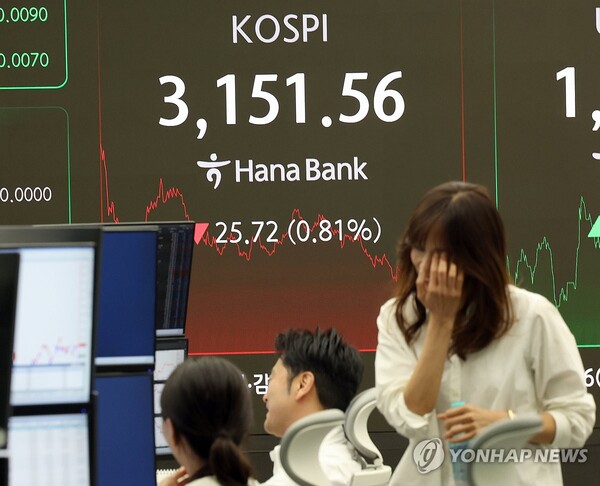 코스피 지수가 이틀째 하락세를 기록하며 3,150선으로 물러났다. 연합뉴스